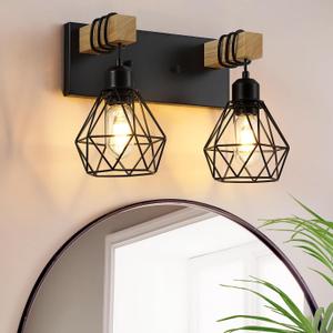 Farmhouse Vanity Light for Bathroom, 2-Light Wood Bathroom Vanity Light Fixtures Over Mirror, Rustic Sconces Wall Lighting with Metal Lampshade for Living Room, Bedroom, Hallway