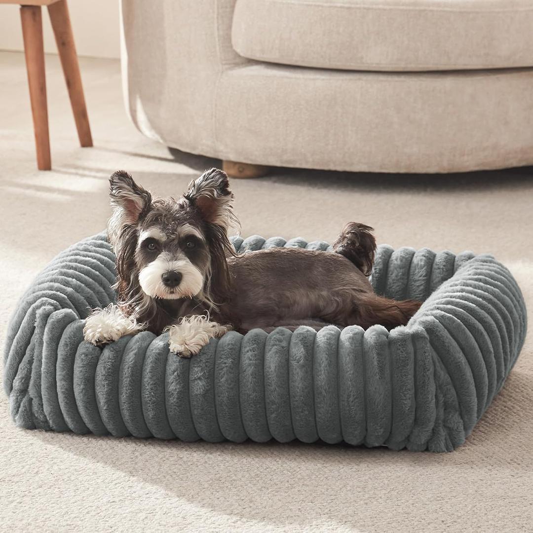Dog Beds for Small Dogs, Washable Orthopedic Dog Bed with Removable Cover, Rectangle Soft Calming Sleeping Puppy Bed Durable Pet Cuddler with Anti-Slip Bottom, 20"x19"x6" Grey