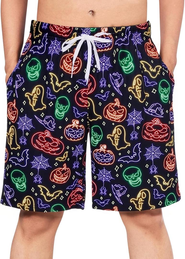 Men's Halloween Pajama Bottoms Black Neon Pajama Shorts Pumpkin Drawstring Pjs Shorts Pj Bottoms with Pockets Spider Web Elastic Sleepwear Skeleton Skull Soft Lounge Wear for Men, Large
