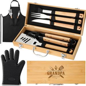 8 Pcs Grandpa Gifts from Grandkids Grandpa Grilling Gift Heavy Duty Wooden BBQ Grilling Accessories Tools for Outdoor Grill with Wood Case, Apron and Oven Mitts for Grandad Grandfather