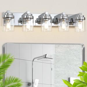 Bathroom Light Fixtures, 5-Light Bathroom Vanity Lights Over Mirror, Polished Chrome Vanity Lights with Glass Shade, 31" Modern Wall Sconce for Cabinet Porch Bedroom, Hallway E26