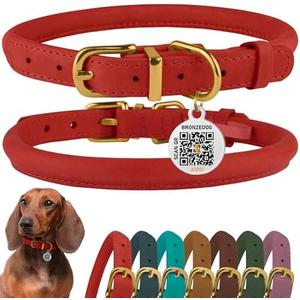 BRONZEDOG Rolled Leather Dog Collar with QR ID Tag, Adjustable Soft Round Collars for Small Medium Large Dogs Puppy (11" - 14 1/26" Neck Size, Blush)