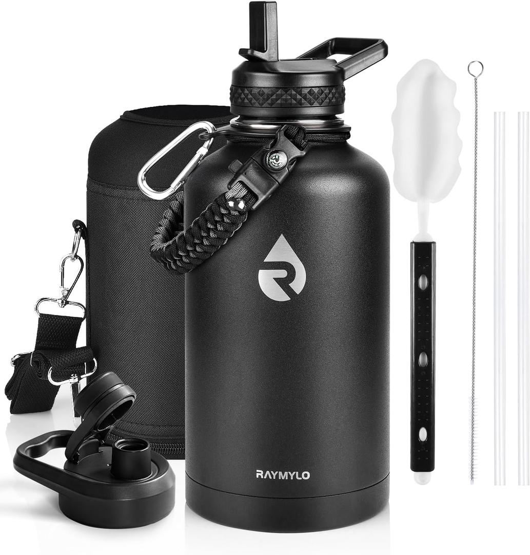 RAYMYLO Insulated Water Bottle 64 oz, Triple Wall Vacuum Stainless Steel (Cold for 48 Hrs), Leak Proof & Non-BPA, Half Gallon Water Flask Jug with Paracord Handle & Straw Spout Lids, Magic Black