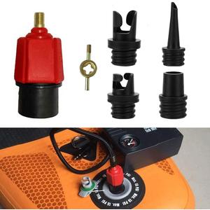 Inflatable SUP Pump Adaptor Compressor Paddle Board Pump Adapter, Multifunction SUP Valve Adapter with 4 Air Valve Nozzles for Inflatable Boat, Stand Up Paddle Board, Inflatable Bed, Dinghy (Red)