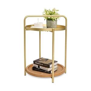 2 Tier Round Side Table, 16" Small Metal End Table with Removable Wooden Tray, Round Accent Sofa Coffee Side Table for Living Room, Bedroom, Balcony (Gold)