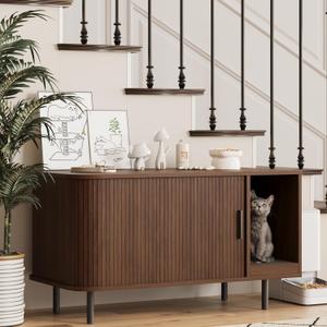 Cat Litter Box Enclosure with Cat Scratch Pad, Sliding Door, 37.4" Litter Box Enclosure Furniture Hidden Litter Box, Modern Indoor Cat House, TV Stand, Side End Table for Living Room, Walnut