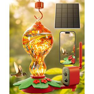 Hummingbird Feeder with Camera 2.5K 5MP Solar-Powered Glass Bottle Smart Humming Bird Feeder with AI Recognition, Upgraded Leak-Proof & Ant Moat, Instant Alerts, Works with Alexa & Google Assistant