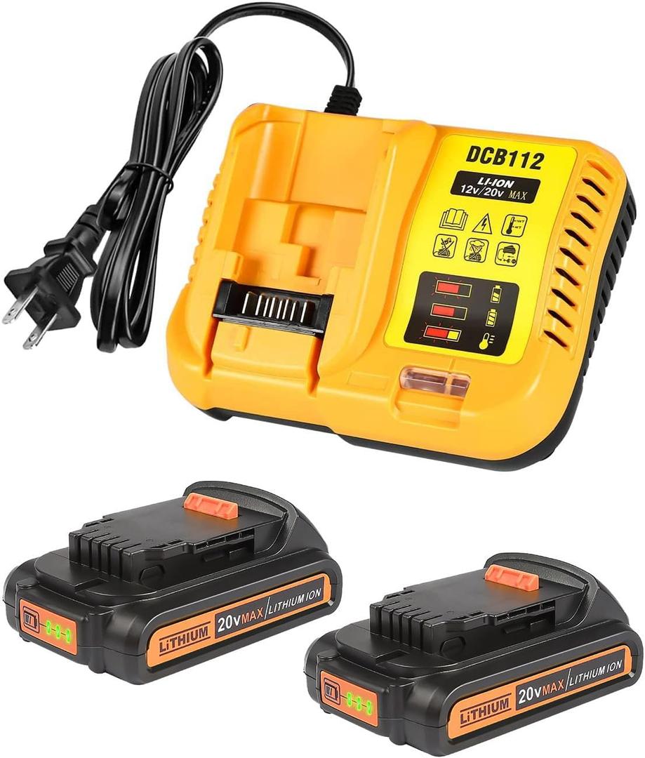 2Pack 3.0Ah 20V Battery with Charger Replacemen for Dewalt 20V Battery DCB200 DCB201 DCB203 DCB204 DCB205 DCB206 DCD/DCF/DCG Series Tools