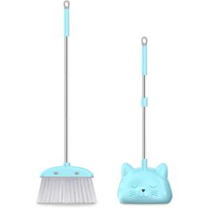 Mini Broom with Dustpan for Kids, 28-in Handle Kids Broom and Dustpan Set for Toddlers Cat-Shaped Children Broom and Cleaning Set Boys Girls Small Housekeeping Helper Set, Blue