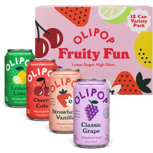 OLIPOP Prebiotic Soda Pop, Fruity Fun Variety, Pantry Pack Packed with Prebiotics, Fiber, and Botanicals, Gluten Free, GMO Free, 12oz (12-Cans), BBD MAR/17/27