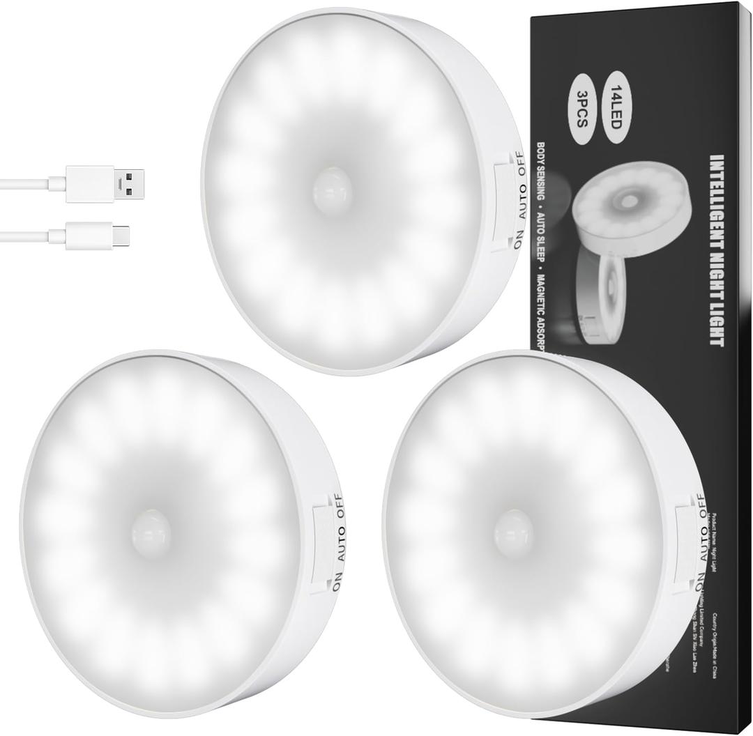 Motion Sensor Light Indoor [Upgraded 14 LEDs], 3 Pack Rechargeable Night Light, Wide Detection Range, 3 Light Modes, Bedroom Closet Lights, Anywhere Stair Light, Hallway Light - Cold White