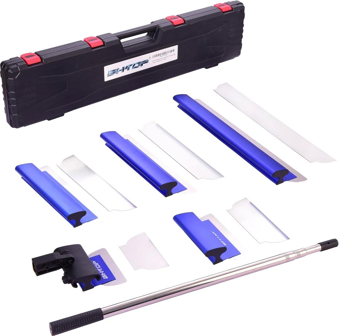 BHTOP Drywall Tools Skimming Blade with Extension Handle - 7", 10" 14 16 & 24" Blades Extruded Aluminum 301 Stainless Steel Construction Tools End Caps, Wall-Board with 0.5mm&0.35mm Thickness Blue