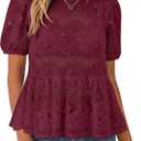 Simplee Womens Summer Lace Tops Boho Hollow Out Crochet Cute Ruffle Peplum Top Western Babydoll Blouses Shirts Beach Vacation (Red, S)
