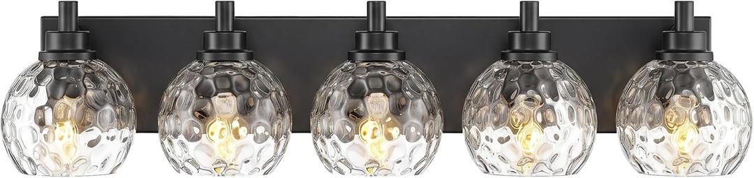 5-Light Black Bathroom Vanity Light, Hammered Glass Globe Shade
32 Inch matte black modern bathroom light fixture over mirror, UL listed, E26 bulbs, hardwired, upward only, VL200-MB-CL-5