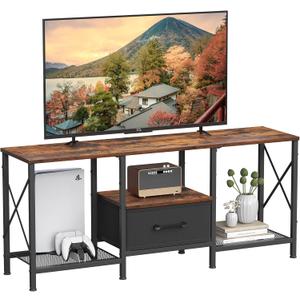 TV Stand with Fabric Drawer, Entertainment Center for 50 55 Inch TV, Industrial TV Console Table with Open Storage Shelves for Living Room, Bedroom, Rustic Brown