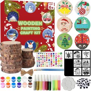 Natural Wood Slices for Crafts, 20 Pcs 3-4 Inch Unfinished Wooden Circles with DIY Painting Kit, Christmas Stencils, Wood Ornaments for Holiday Decor, Wedding, Adult Crafting & Art Projects