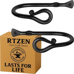 RTZEN Decorative Metal Curtain Tiebacks - Farmhouse Wrought Iron Curtain Holdbacks - Drapery Holders for Wall - Unique Metal Tie Backs for Curtains - 2 Pcs (Black Loophole) (Medium)