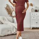 SHENHE Women's Maternity Ribbed 2 Piece Outfits Short Sleeve Crop Top Bodycon Slit Midi Skirt Set (Red, M)