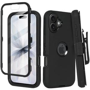 Thousandgear Compatible for Apple iPhone 16 Plus Built in Screen Protector, Belt Clip Holster Heavy Duty Defender Case Dustproof Shockproof Protection (Black)
