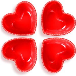 Sumind 4 Pack Valentine Heart Shaped Bowl Cute Ceramic Bowl Red Candy Dish Heart Shaped Plates for Home Fruit Salad Soup Cereal Snacks Dessert Pudding Kitchen Household Cooking Gifts(4.5 x 3.7 Inch)