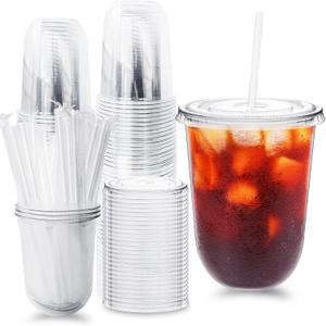Alaeseje 50 Pack Clear Plastic Cups with Lids and Straws,16 oz Disposable Iced Coffee Cups,PET Crystal Cups,Round Bottom To Go Cup for Iced Coffee Juice Smoothie Cold Beverage
