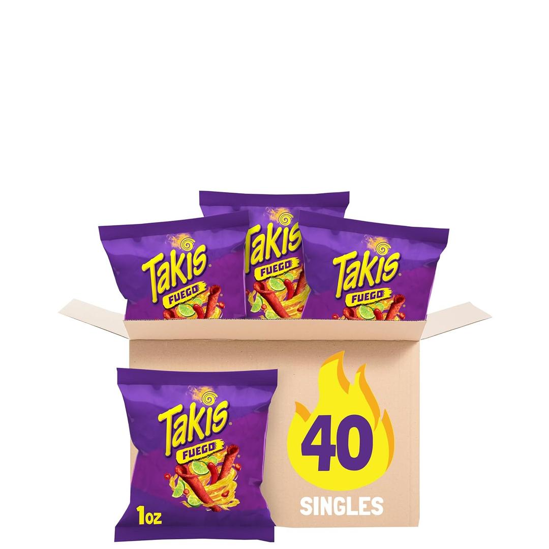 Takis Fuego 40 pc / 1 oz Multipack - Hot Chili Pepper & Lime Flavored Extreme Spicy Rolled Tortilla Chips - Individual Bags, Perfect for Tailgates, Parties, Lunchboxes or Lunches, Best Before: JAN/15/26