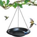 Hanging Bird Bath Outdoor 11.5" Metal Bowl with 15.5 in Rust-Proof Chains,Weather-Resistant Garden Birdbath with Magnetic Dragonfly for Backyard Decor,Matte Black