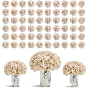 80pcs Beige Hydrangea Artificial Flowers Silk Hydrangea Heads with Stems Hydrangea Flowers for DIY Wedding Centerpiece Baby Shower Home Party Decor