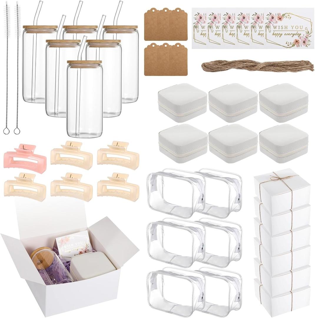 6 Sets Bridesmaid Proposal Presents, Wedding Present Set, Includes 16.9 oz Glass Cups, Jewelry Boxes, Makeup Bags, Cards, Hair Clips, Tags, and White Present Boxes, Maid of Honor Presents
