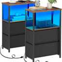 TUTOTAK Small Narrow LED End Table with Charging Station, Side Table Outlets, Nightstand with 2 Cloth Drawers, Set of 2, Couch Table, for Living Room, Bedroom, Bedside, Brown and Black TB01BB056K