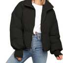 Womens Winter Cropped Puffer Jacket Coat Casual Quilted Baggy Long Sleeve Zip Down Jackets Outerwear (Medium, Black)