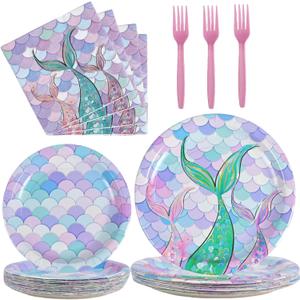 Mermaid Paper Plates and Napkins for Kids Party Purple Mermaid Tail Theme Plates Forks Set Disposable Tableware Girls Birthday Dessert Tea Party Decoration Under the Sea Supplies