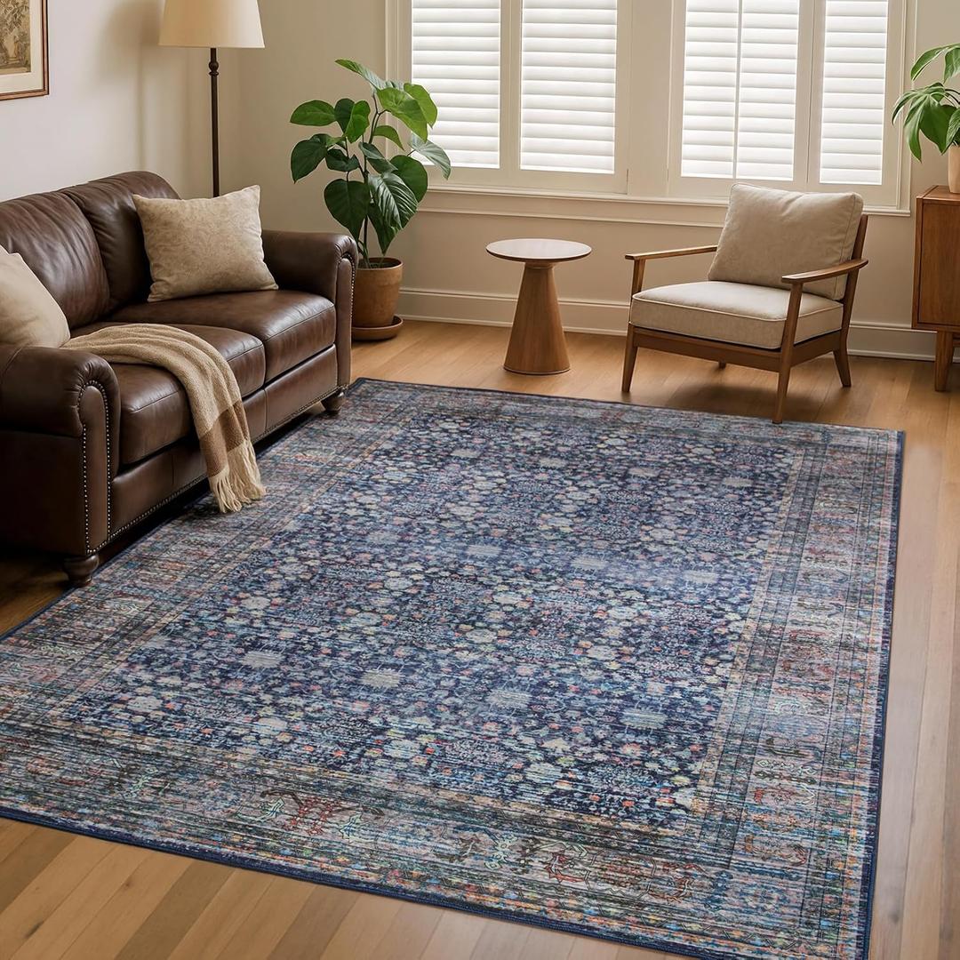 4x6 Vintage Area Rug for Bedroom Living Room, Washable Non Slip Indoor Rug, Thin Throw Floral Floor Low Pile Distressed Carpet for Bathroom Kitchen Laundry Office Blue/Green/Multi