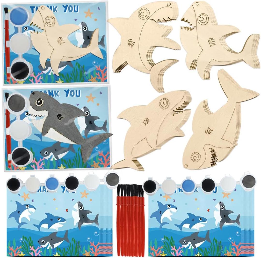 Shark Party Favors 24 Pcs Shark Unfinished Wood Cutout Craft kits Shark Birthday Party Decorations Return Gifts For Shark Goodie Bags