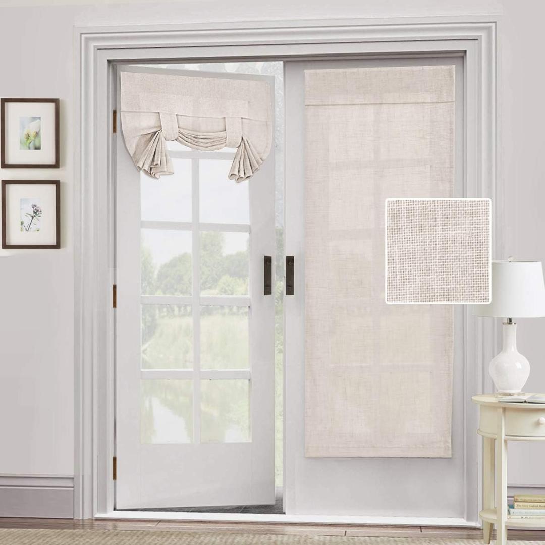 H.VERSAILTEX Natural Linen Semi Sheer French Door Curtains Light Filtering Privacy Boho Window Drapes 2 Panels Self Adhesive Door Blinds Tie Up Shade for Bedroom Living Room,68" Lx26 W, Natural