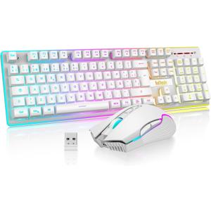 RedThunder K10 Wireless Mechanical Gaming Keyboard, LED Backlight, Rechargeable 3800 mAh Battery, Anti-ghosting+7D 3200DPI Mouse, ES Layout, for PC/PS5/Xbox-White
