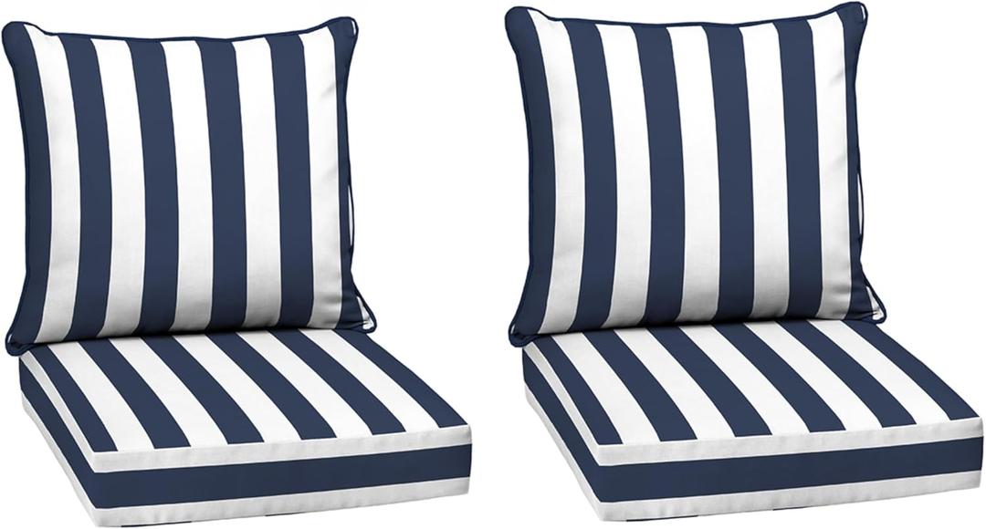 Arden Outdoor Deep Seat Cushion Set (2-Pack), 24 in x 24 in, Weather-Proof, Rain-Proof, Fade Resistant Patio Cushion for Chair, Sofa, and Couch Sapphire Blue Cabana Stripe