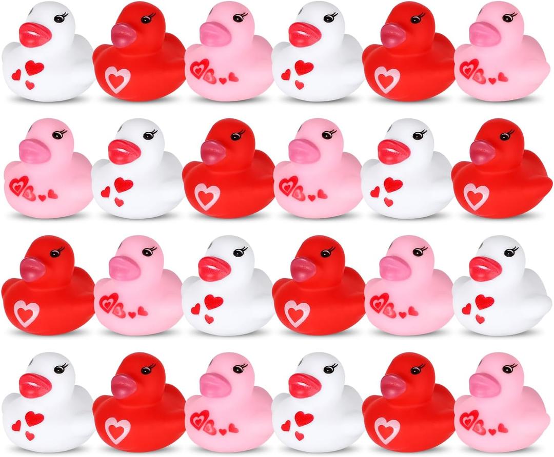 24pcs Valentine's Day Rubber Ducks, 1.57 inch Mini Small Assorted Rubber Bath Ducks Colorful Bathtub Toy Squeaky Duckies Love Heart Duck Valentines Day Gifts for Kids Cupcake Topper(3 Colors)