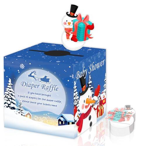 Christmas Snowman Diaper Raffle Box - Christmas Baby Shower Games and Decorations, Blue Themed Diaper Raffle Box with 50 Snowman Cards