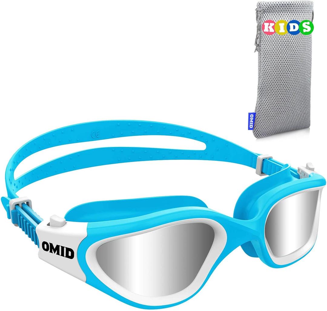 OMID Kids Swim Goggles, P2mini Polarized Swimming Goggles Comfortable for Age 6-14 (B7-mirrored Silver Lens Bluewhite Frame)
