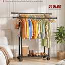 Sakugi Double Rods Clothes Rack - Metal Clothing Rack with Fixed Double Rods, Rolling Wheels & Built-In Shelf for Closet, Bedroom, Laundry Storage (39" x 17" x 60", Black)