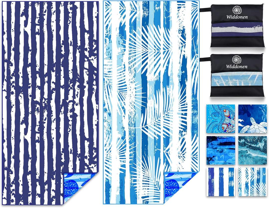 Lightweight Thin Microfiber Beach Towel Sand Free Quick Dry Absorbent Compact Soft Pool Swim Travel Towels Extra Large Oversized Beach Accessories Packable Essentials Stuff Gifts for Adult (32x71 inch, 2 Pack Dark Light Blue Dream World)