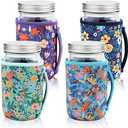 KJQJLY 2 Pcs Mason Jars Sleeves Neoprene 32oz Regular and Wide Mouth Mason Jar Sleeves Holder with Handle (Flowers, 32 OZ)