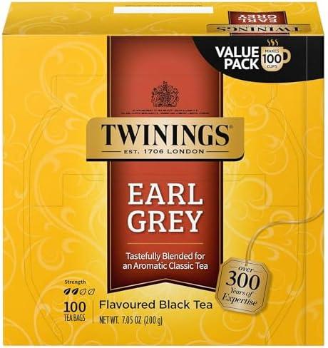 Twinings Earl Grey Black Bergamot Caffeinated Tea Bags, 100 CT Box (1 Pack) | Classic Tradition, Black Tea with Citrus, Naturally Caffeinated, 100 Foil Lined Individually Wrapped Bags, Enjoy Hot or Iced, Expiry: 03/10/2029