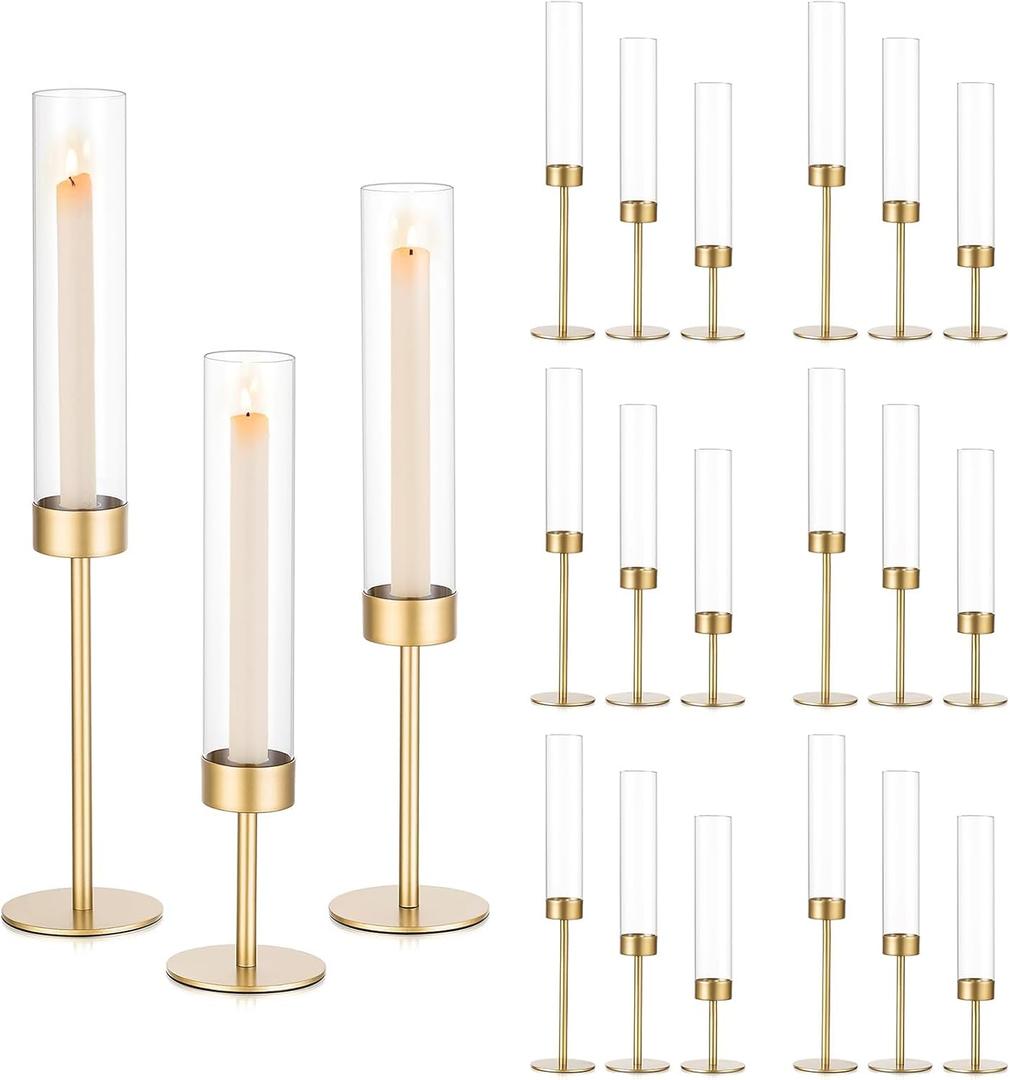 Sziqiqi Hurricane Candle Holder for Wedding: Gold Candlestick Holders 18 Pcs for Table Centerpieces - Glass Candle Stick Holder Bulk for Party Event