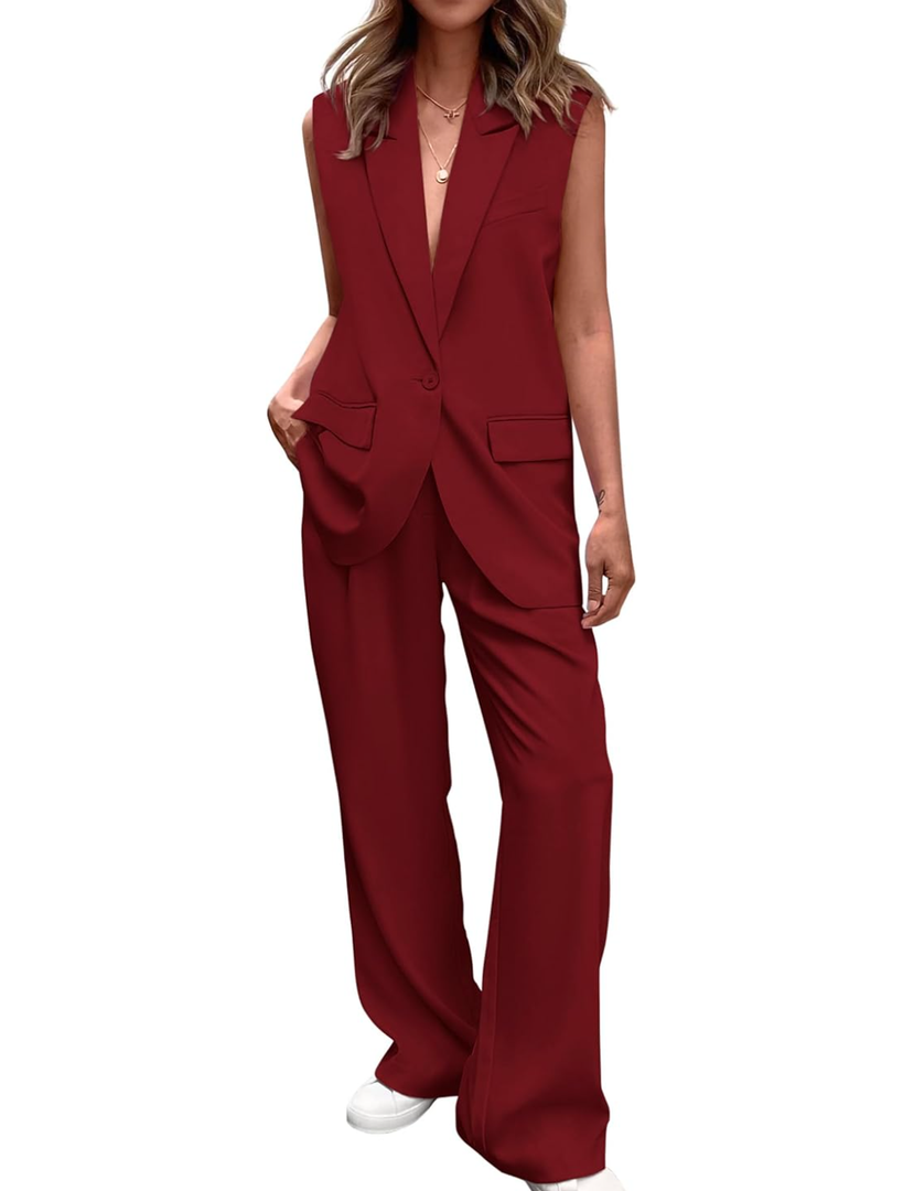 PRETTYGARDEN Women's 2 Piece Outfits Sleeveless Suit Vest and Wide Leg Pants Business Casual Blazer Sets S
