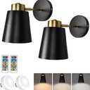 Battery Operated Wall Sconces Set of 2, Dimmable LED Wall Lights with Remote Control, 3000K/4000K/6000K Adjustable Black Wall Mounted Lamp for Bedroom Living Room Hallway, Bulb Included light fixture 18x18x16