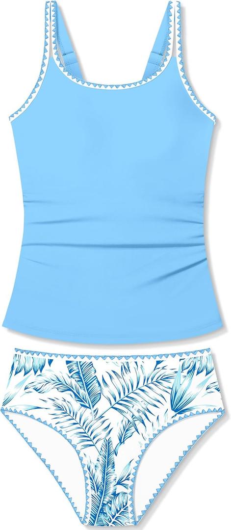 Girls Swimsuit Solid Color 2 Piece Girls Tankini Swimsuit Contrast Trim Teen Bathing Suit Padded Modest Swimwear 9-16y (11-12 Years, Palm Tree-blue)