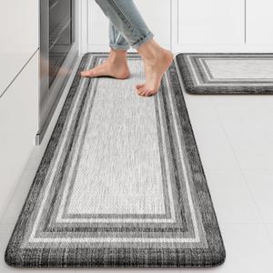 KIMODE Anti Fatigue Kitchen Mats for Floor 2 Piece,17"x47"+17"x29" Farmhouse Kitchen Rugs Non Slip Rubber Backing,Waterproof Cushioned Standing Mat for Home Decor,Office,Laundry Room,Sink,Desk,Grey