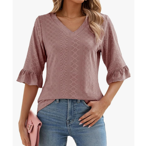 Womens 3/4 Flutter Sleeve Tops V Neck Shirts for Business Casual Loose Tunic Work Dressy Blouses S